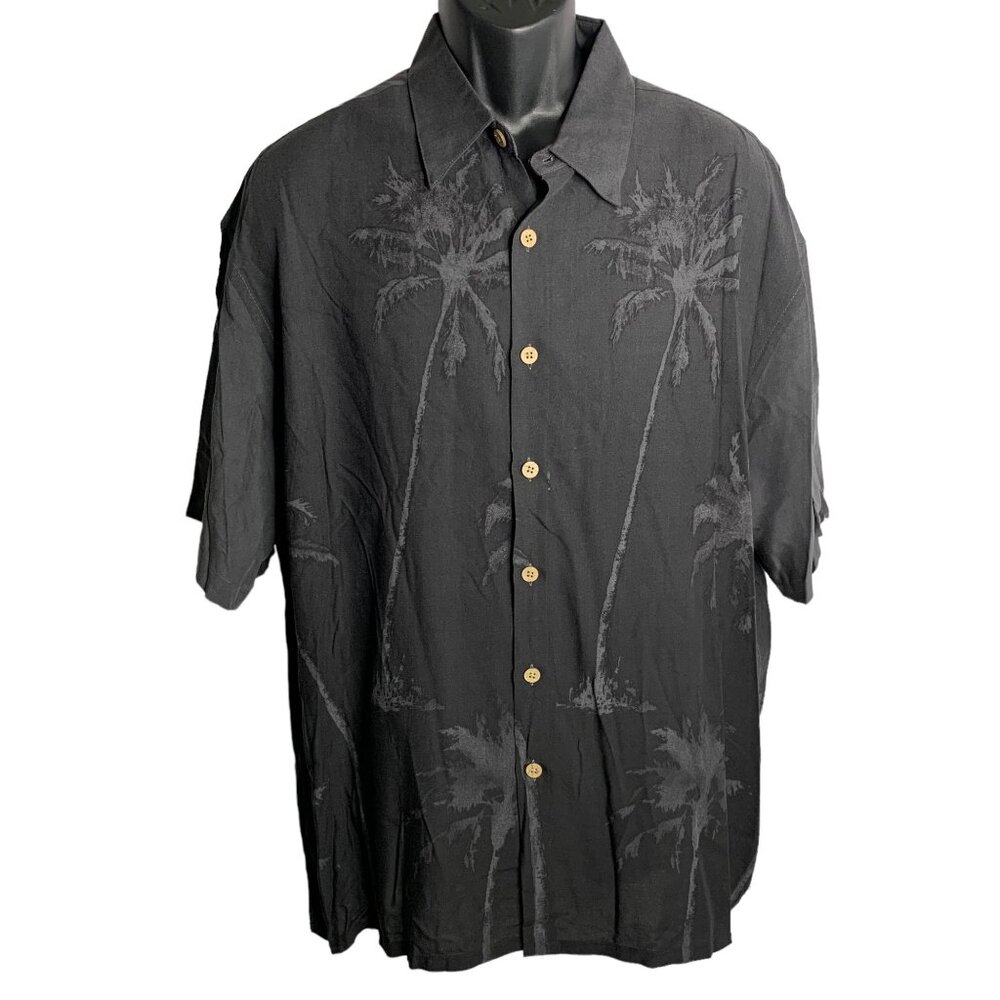 Island Shores Button Up Hawaiian Shirt XL Black Palm Trees Short Sleeve Camp